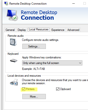 Разрешить проброс локальных принтеров в RDP сессию