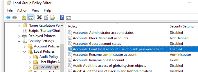 Политика: Accounts: Limit local account use of blank passwords to console logon only 