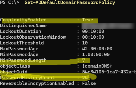 Get-ADDefaultDomainPasswordPolicy - настройки доменной политики паролей