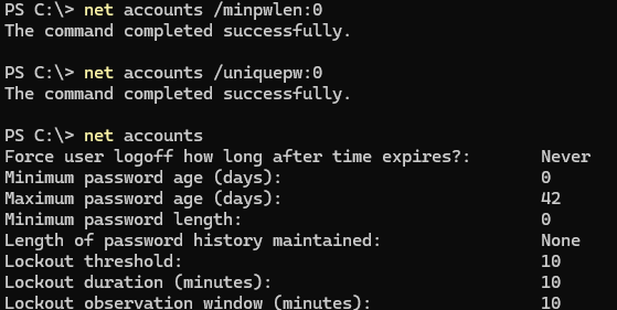 net accounts /minpwlen - отключить ограничение на минимальную длну пароля