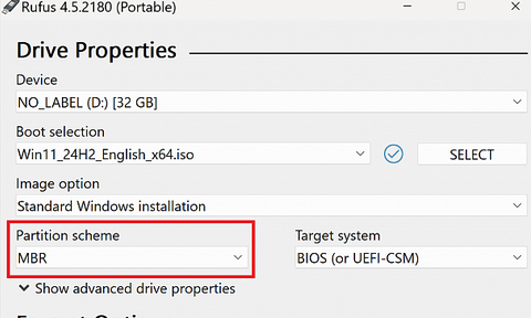 rufus запись установочного образа Windows для MBR (BIOS) компьютера