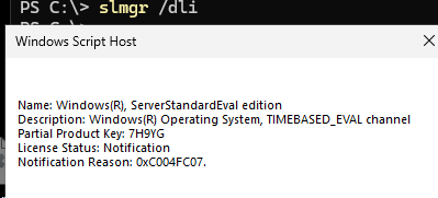 slmgr /dli - License Status: Notification, Notification Reason: 0xC004FC07