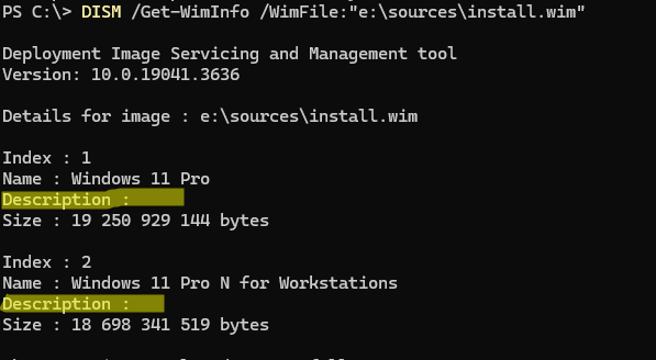 DISM /Get-WimInfo список редакций Windows в файле