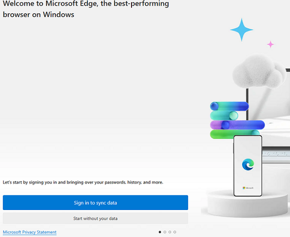 Экран приветствия и заставка при первом запуске браузера Microsoft Edge