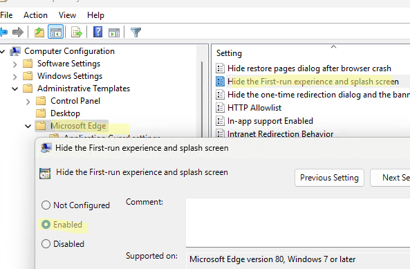 Групповая политики: Edge Скрыть экран первого запуска и заставку