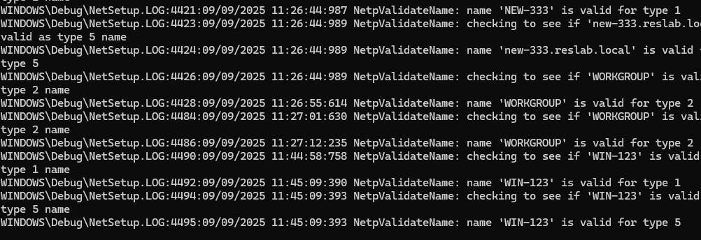 История смены имен и доменов/рабочих групп компьютера в файле C:\WINDOWS\Debug\NetSetup.LOG