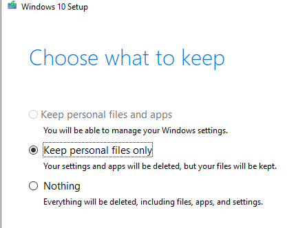 Не доступна опцию сохранения файлов и папок при inplace upgrade - Windows 10