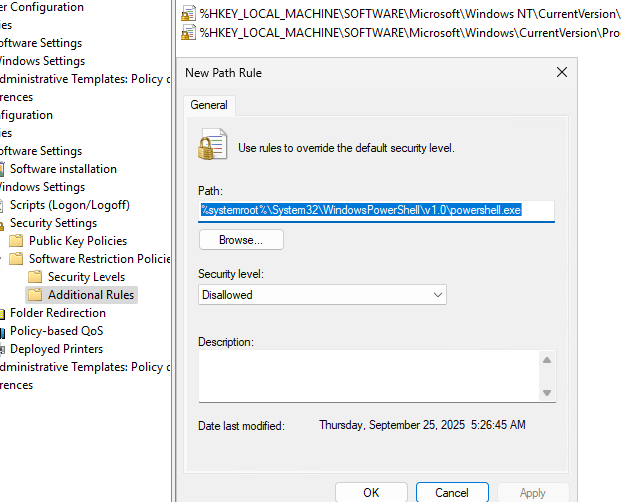 запретить powershell.exe через Software Restriction Policy 