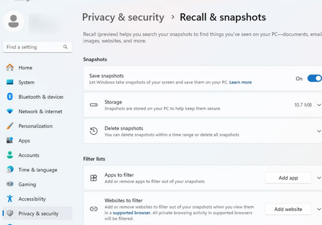 Настройки скриншотов recall в Windows 11