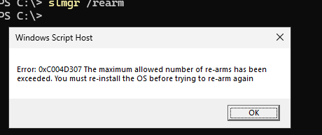 Ошибка: 0xC004D307 The maximum allowed number of re-arms has been exceeded