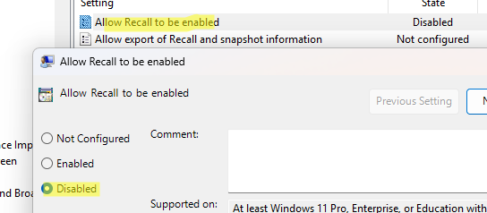 Отключить ИИ функцию recall в Windows через GPO