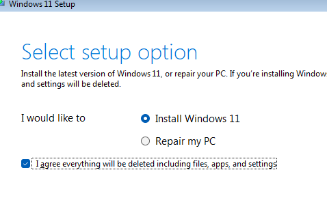 Подтвердить чистую установку Windows 11 на компьютер с удалением данных