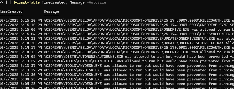 POwerShell - вывести список событий из журнала аудита AppLocker