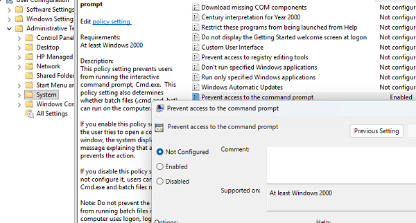 Prevent access to the command prompt