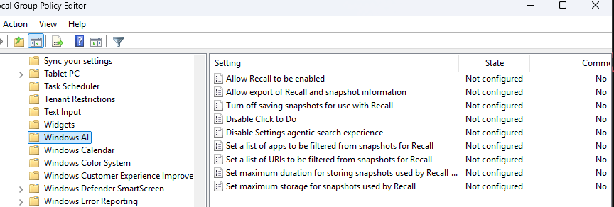 Раздел редактора GPO для управления Windows AI
