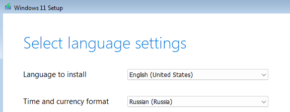 Выберите язык установки Windows 11