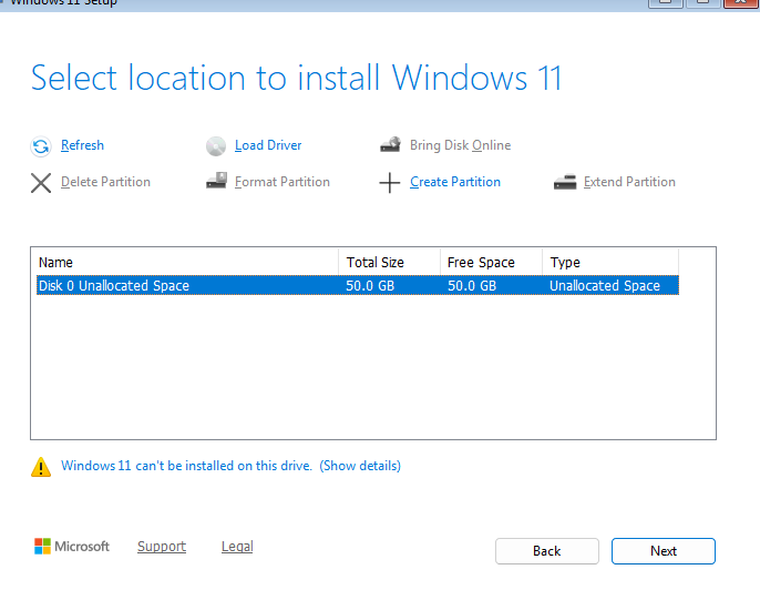 Выбрать диск для установки Windows 11, таблица разделов