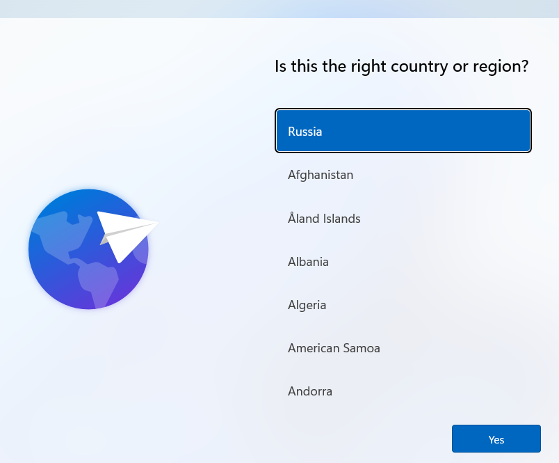 Windows 11 OOBE - выбрать страну/регино