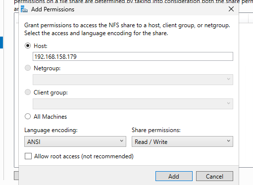 Дать права чтения и записи на NFS директорию по IP