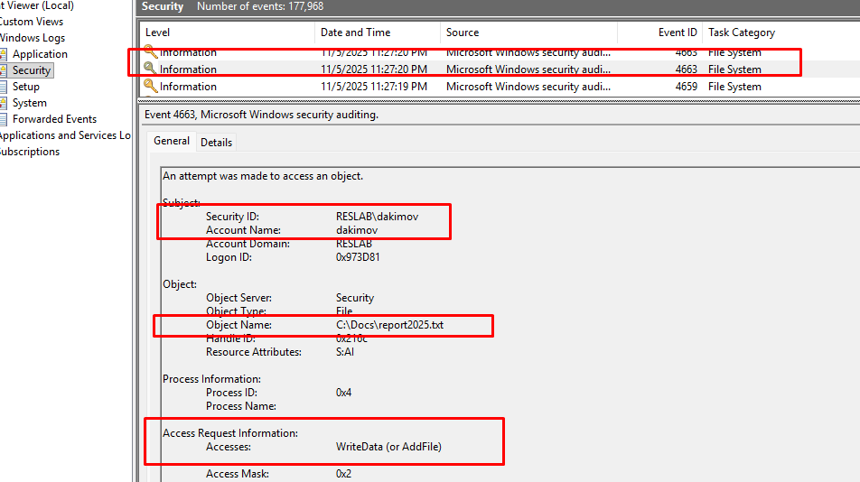eventid 4663 получаем пользователя, создавшего файл или папку