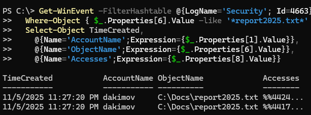 Get-WinEvent поиск событий создания файлов и директорий
