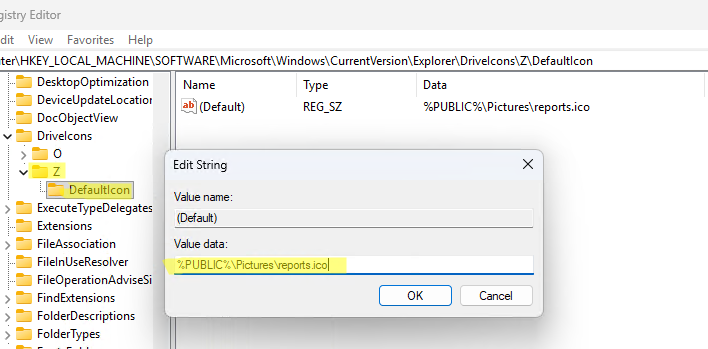 изменить отображаемую иконку диска в реестре