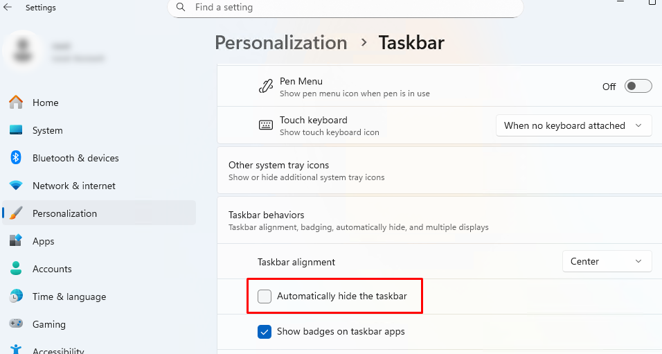Настройка: Автоматически скрывать панель задач