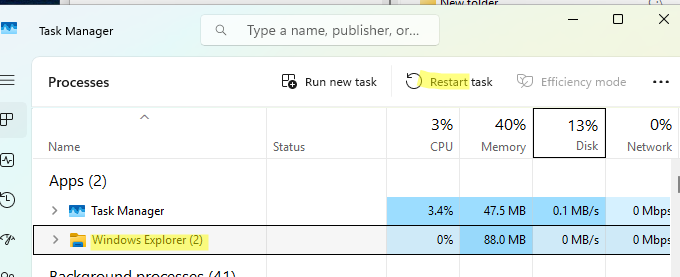 перезапуск windows explorer из task manager