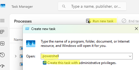запустить powershell из диспетчера задач