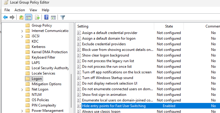 GPO: Скрыть точки входа для быстрого переключения пользователей