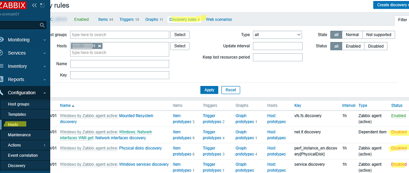 Отключение некоторых Discovery Rules для Windows хоста в Zabbix