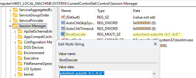 Параметр BootExecute в реестре - проверка дисков