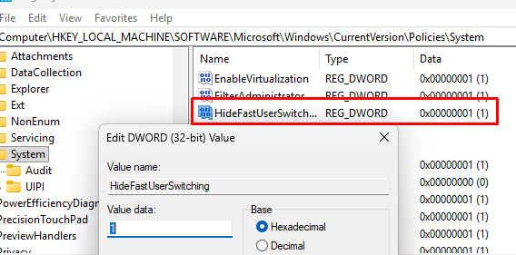 Параметр реестра HideFastUserSwitching - скрыть кнопку быстрого переключения