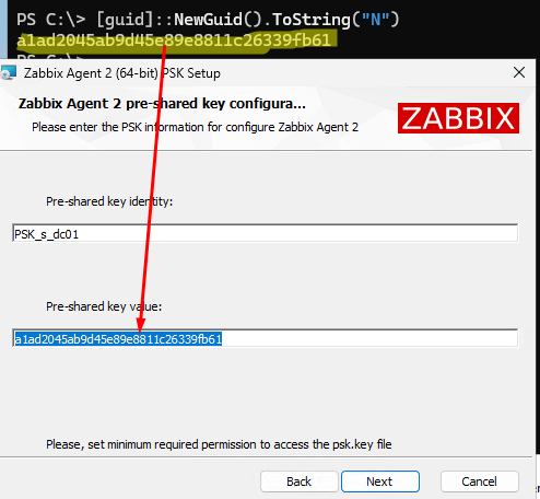 сгенерировать PSK ключ при установке агента zabbix