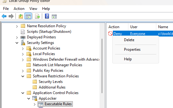 удалить правило applocker