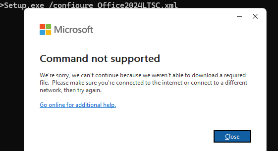 Command not supported We’re sorry, we can’t continue because we weren’t able to download a required - ошибка при загрузке Office 2024 в России
