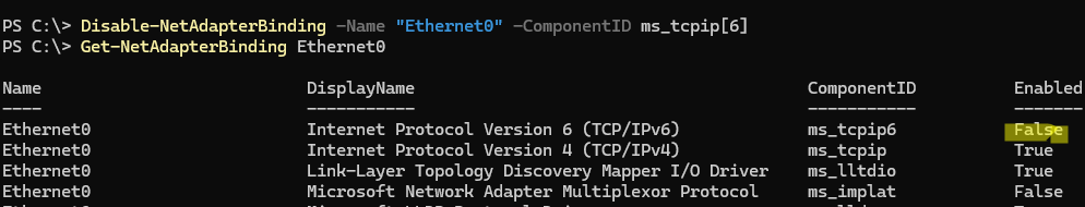 Disable-NetAdapterBinding ms_tcpip[6]