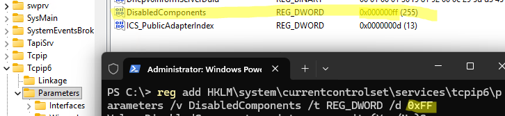 DisabledComponents -0xFF полное отключение IPv6 в Windows