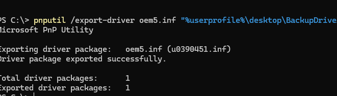 команда pnputil для экспорта определенного драйвера