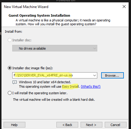 опция Easy Install при установке гостевой Windows из ISO в vmware