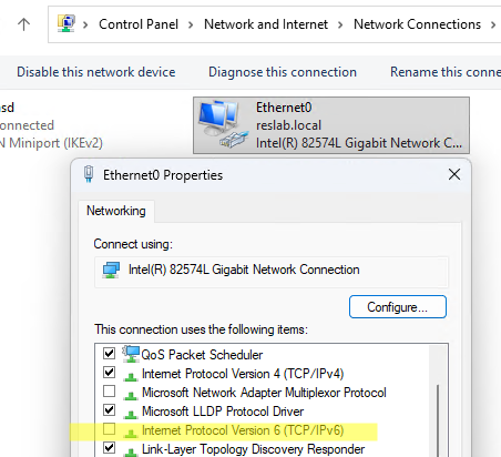 отключение IPv6 в свойствах сетевого интерфейса