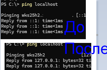 ping localhost до и после отключения IPv6 адреса
