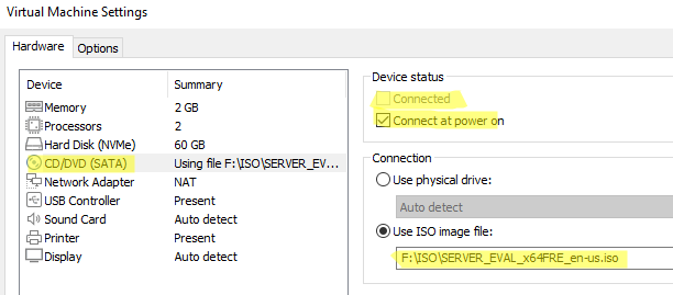 подключить установочный ISO файл вручную