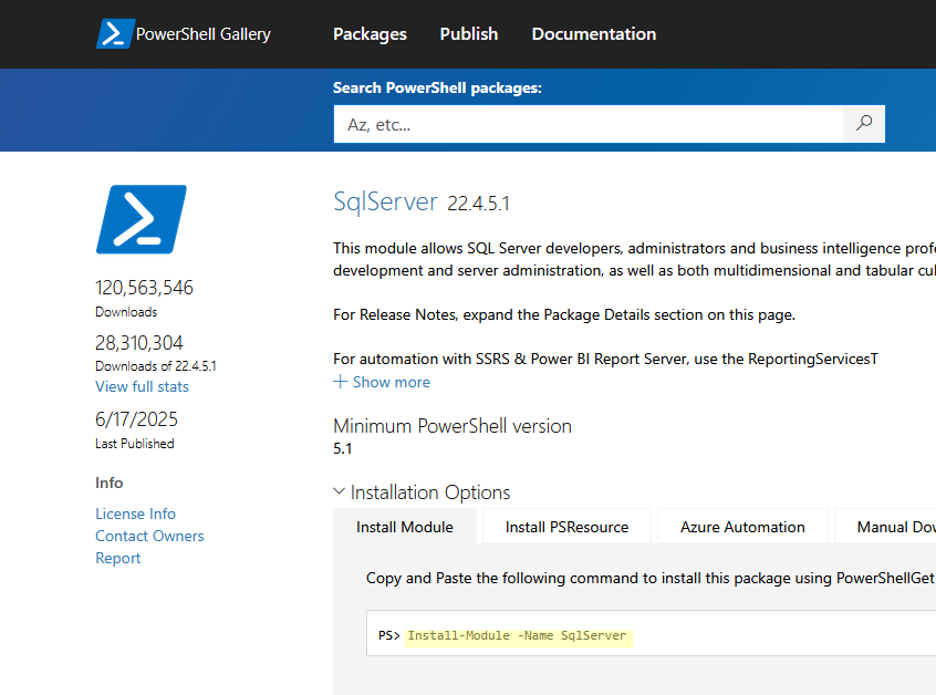 Поиск модуля на сайте PowerShell Gallery