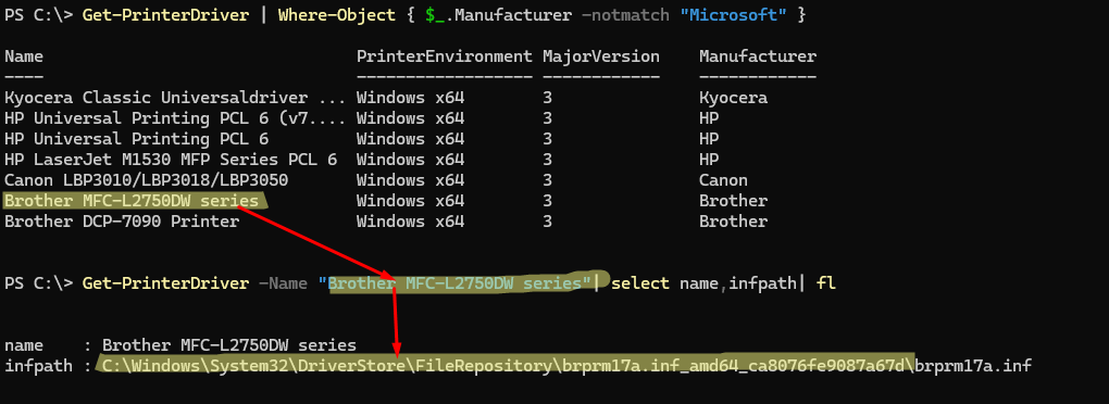 powershell - скопировать (экспортировать) только драйвер определенного принтера