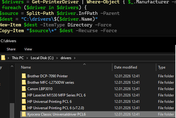 powershell скрипт для экспорта каждого драйвера принтера в отдельных каталог