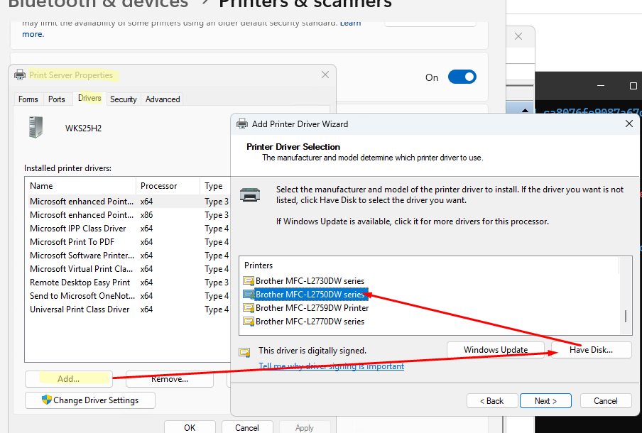 printui /s - добавить драйвер вручную по inf файлу