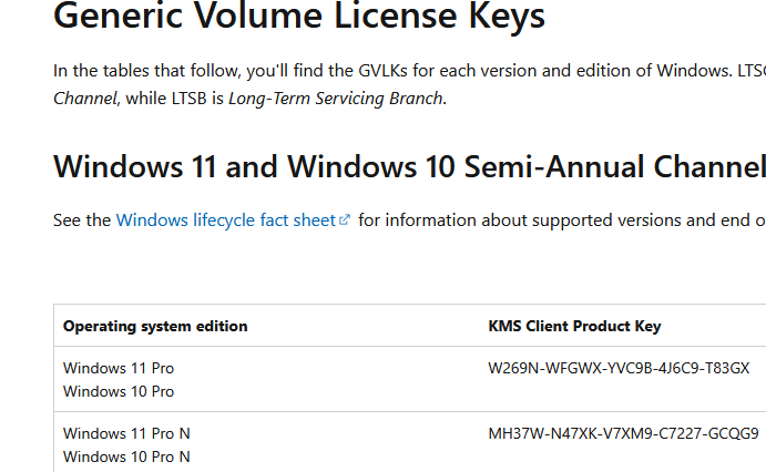 Публичные GVLK для KMS активации Windows