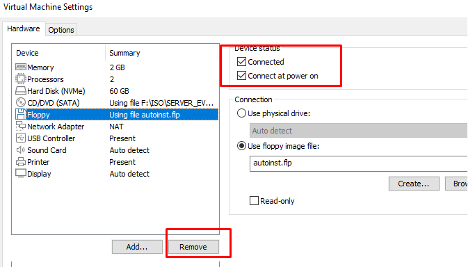 удалить autoinst.flp в настройка виртуальной машины