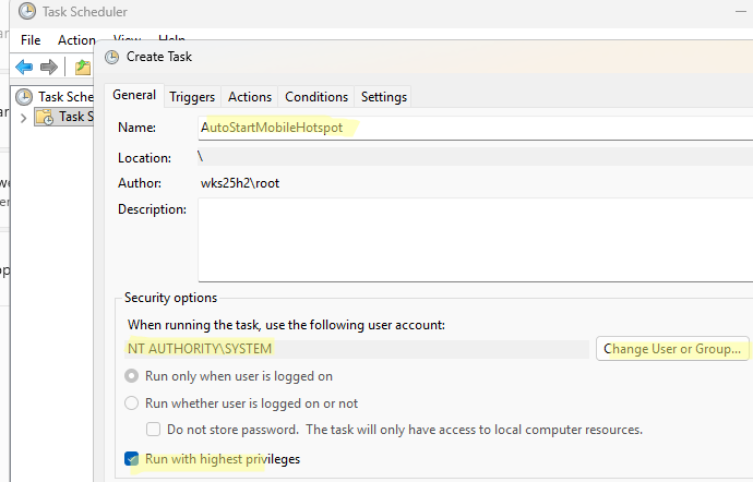 Задание планировщика для запуска точки доступа на Windows